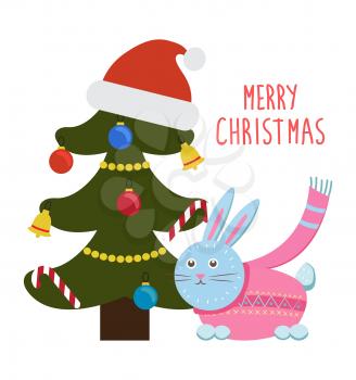 Merry Christmas greetings from cartoon bunny rabbit in pink scarf sitting under decorated Christmas tree with Santas hat on top vector illustration