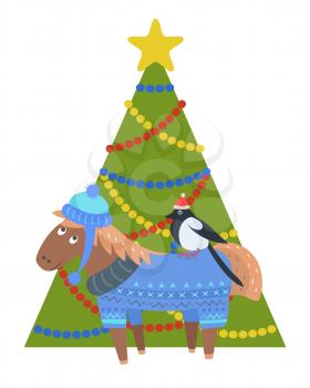 Donkey in warm winter cloth and bullfinch in santa s hat sitting on donkey s back, animal standing near decorated Christmas tree vector postcard