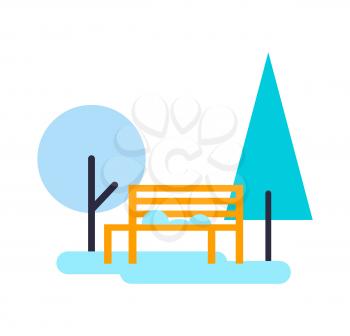 Trees and bench composition, pine and yellow wooden object for you to sit, plants and ice, wintertime poster vector illustration isolated on white