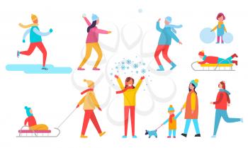 People winter action collection of icons, skiing man, male and female playing snowball fight, kids on sleds, family with dog vector illustration