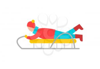 Boy lying on sled and having fun, winter activity of child during school vacations, warm dressing because of cold weather vector illustration