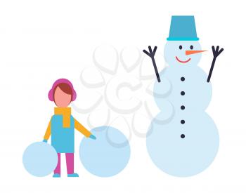 Girl in warm cloth holds two balls of snow and snowman with metal basket on head, smiling winter character with carrot nose, vector isolated on white