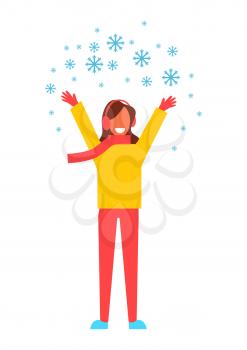 Woman with snowflakes having fun, lady dressed in scarf and yellow coat with trousers, happy because of snow vector illustration isolated on white