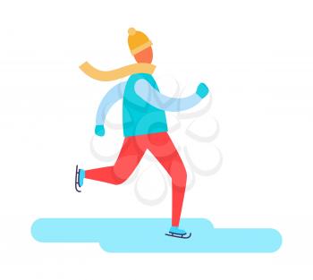 Man in earphones running in warm winter cloth vector illustration isolated on white background. Boy dressed in jacket and red jeans warming up
