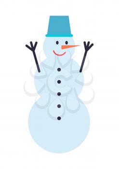 Snowman winter character with carrot nose and metal bucket, symbol of wintertime and celebration of holidays, vector illustration isolated on white