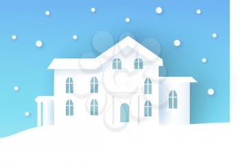 Winter poster with house with lots of windows and entrance, snowy weather and building, snowflakes falling heavily, placard vector illustration
