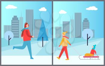 Man skiing on ice and woman with kid sitting on sledge, holidays of people in city, cityscape with trees and skyscrapers vector illustration