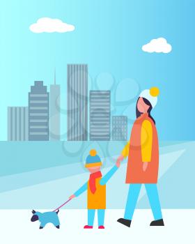 Family walking dog dressed in sweater together in city during winter time, buildings and skyscrapers and sky with white clouds vector illustration