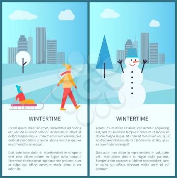 Wintertime placards set with text and headlines, images of mother with kid and snowman, cityscape behind them isolated on vector illustration