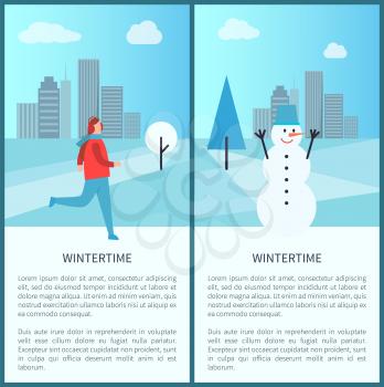 Wintertime posters set with cityscape and clouds above it, image of man skiing and having fun and snowman with text sample below vector illustration