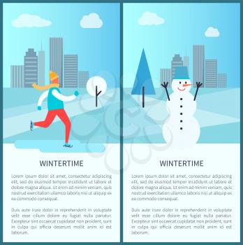 Wintertime in park posters with warm dressed ice-skating man and big funny snowman. Background of vector illustration is high building and skyscrapers