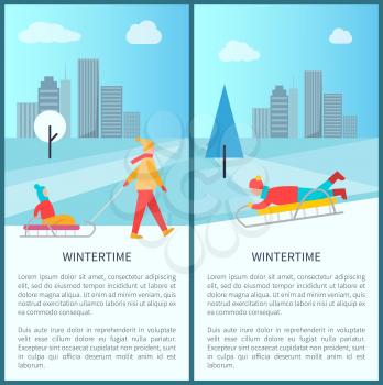 Wintertime cityscape poster with children and adults making fun with sleigh in city park. Vector illustration with happy people among snowy trees