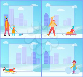 Winter posters collection with mother and child walking dog and having hun, kids and winter activities, filling form isolated on vector illustration