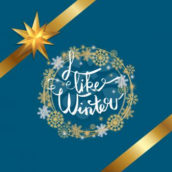I like winter poster decorated by frame made of silver and golden snowflakes, gold ribbons with bow in corners, isolated on blue background vector