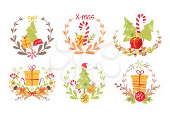 Set of nice christmas badges on white background. Vector illustration of holiday decor elements autumn leaves, red guelder roses and small acorn. Wreath surround main icon presents, fir tree and canes