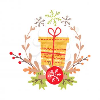 Pretty yellow Christmas badge on white background. Vector illustration of holiday decor elements autumn leaves, red guelder roses and frond. Wreath surrounds big present and red ball with snowflake