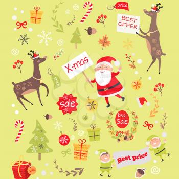 Seamless pattern with Christmas elves, Santa Claus wishing Merry Christmas, reindeer Rudolph, decoration elements and fir tree with gift boxes and sale tags near sweet candies. Vector endless texture