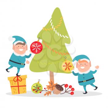 Two elves in blue santa suits decorate Christmas tree isolated on white background. Little elf stand on gift box to hang toy ball. Little xmas helpers vector illustration in flat style design