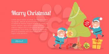 Merry Christmas web banner. Two elves in blue santa suits decorate Christmas tree. Little elf stand on gift box to hang toy ball. Little xmas helpers vector illustration in flat style design