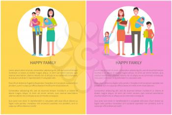 Happy family people parents and children with pet. Mom and dad, son and daughter, vector members of different generations poster with text sample