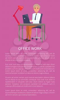 Office work banner with text sample cheerful male sitting at workplace. Worker at desk with lamp vector illustration isolated on purple, confident manager