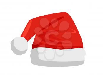 Hat of Santa Claus in red color, traditional costume element for winter character, cap with fur, vector illustration isolated on white background.