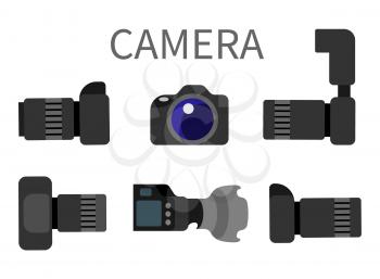 Professional digital photocameras set with lens front and side view isolated on white. Studio photography gear with zoom, analog camera with flash vector