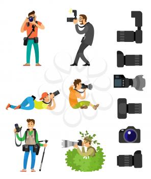 Professional photographing gear with flash lights, removable lens isolated on white vector icons. Photographers with digital camera taking photos in bush