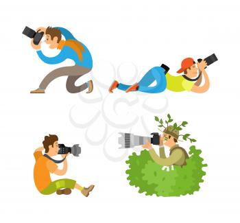 Journalists or reporters spy making reportage vector illustrations. Photographers or paparazzi taking photo with digital cameras from all angles and bush