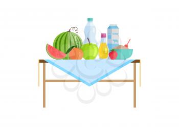 Healthy food and drinks or milk on table. Watermelon near peach with apple, strawberry beside porridge bowl, olive oil vector illustration isolated.