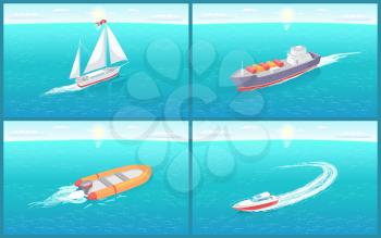 Water transport sailing boat, rowing wooden ship, variety of transportation means vector. Traveling by sea and ocean voyage by cruise liner shipment