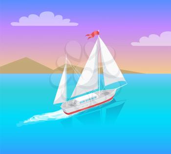Yacht with white canvas sailing in deep blue waters and leave trace vector on backdrop of mountains. Modern sail boat marine nautical personal boat icon