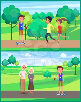 Boys and girl teenagers in park resting set vector. People jogging and doing exercises, grandparents and young male on hoverboard with vape in hands
