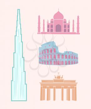 World famous sights and landmarks travel stickers. Indian Taj mahal, Roman Colosseum, German Triumphal arch, Dubai Burj Khalifa vector illustrations.