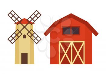 Barn for grain or hay warehousing and water tower with wooden cover for dacha, farm or ranch flat vector illustration isolated on white building set.