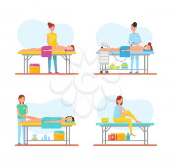 Massage relieving from pain isolated icons set vector. Masseuses with client lying on table with towel. Aroma therapy and relaxation methods self care