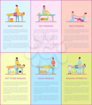Back massage therapy treatment posters with editable text set vector. Specialist professional masseurs and clients care. Facial cosmetic skincare