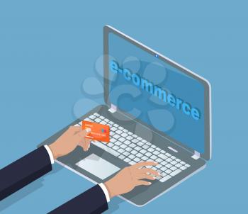 E-commerce laptop with info and man hands holding plastic credit banking card. Commerce and business, technology for making online transactions vector