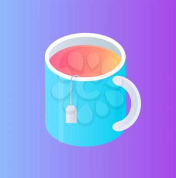 Glass cup with tea pocket isolated vector cartoon icon. Thick bowl with handle, with brown liquid inside and overhanging rope with label, 3d isometric
