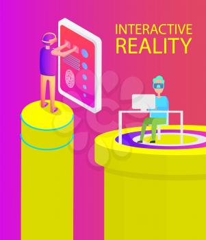 Interactive reality men using innovative technologies. Person touching screen with prints, male sitting on table by laptop wearing vr goggles vector