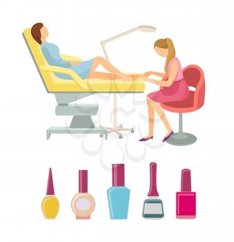 Spa salon pedicure procedures isolated icons set vector. Pedicurist with glass bottles containers with nail polish. Treatment of toenails for woman
