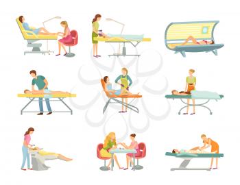 Procedures in spa and beauty salon isolated vector set. Specialist in uniform and rubber gloves and client on armchair or table, manicure and pedicure