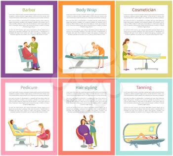 Hair styling and tanning process in solarium sunroom, posters with text sample vector. Cosmetician and face care, barber styling, body wrap pedicure