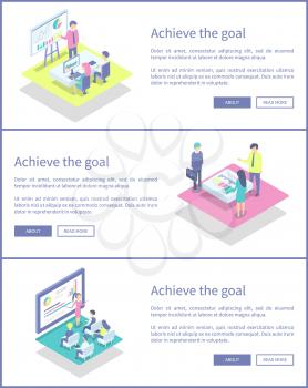 Achieve goal posters set with text sample and businessman vector. Presenter with pointer explaining charts and diagrams. Business conference meeting