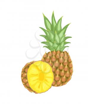 Pineapple tropical plant with edible multiple fruit whole and cut vector isolated. Tropical food, dieting vegetarian exotic item with vitamins and seeds