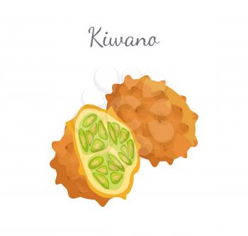 Kiwano exotic juicy fruit whole and cut vector isolated icon. African horned cucumber or jelly melon, hedged gourd, melano. Tropical edible food
