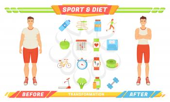 Sport and diet transformation poster with man before and after dieting and workouts set. Male improving health in gym and eating healthy food vector