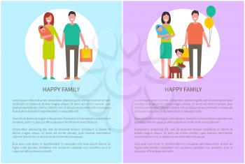 Happy family icon, in cartoon style vector banner. Young couple holding hands, mother with baby in arms, with kids and pet, packages and balloons