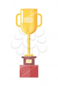 Golden cup with sign isolated on white banner, vector illustration of glitter trophy on brown stand with nameplate, big award for sport achievements