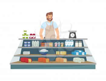 Farmer selling products icon vector. Man smiling and wearing apron, shelves with dairy,  products. Cottage cheese and milk in packages, yogurt in pots